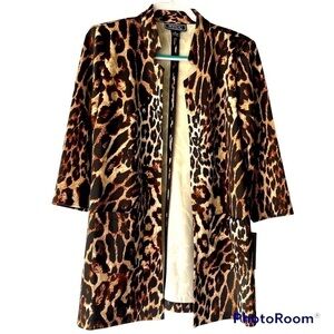 NYCC Women's' Long Leopard Animal Print Blazer Jacket Cardigan Open Front, Sz M